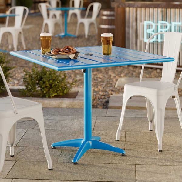 Lancaster Table & Seating 36" x 36" Blue Powder-Coated Aluminum Dining Height Outdoor Table with Umbrella Hole