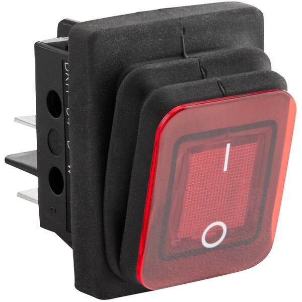 A red and black push button switch for a Fryclone Low Profile Portable Filter Machine.