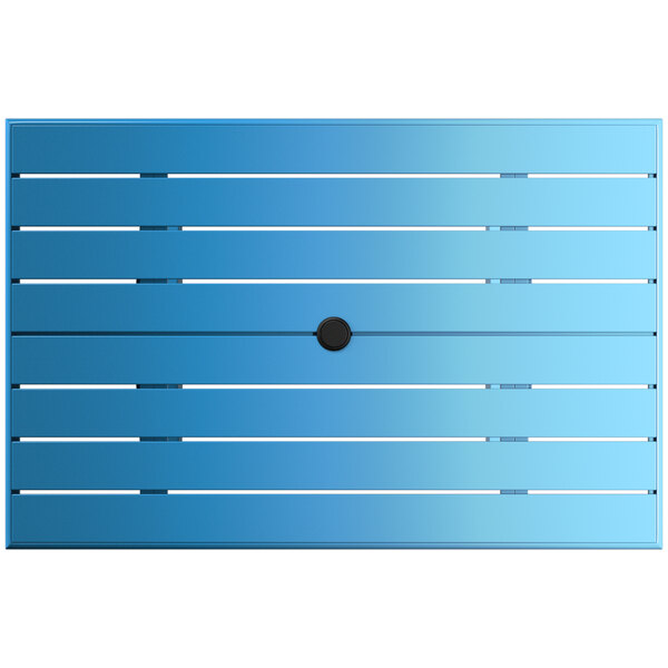 A blue rectangular Lancaster Table & Seating outdoor table with a black umbrella hole.