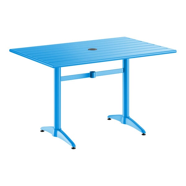 A rectangular blue powder-coated aluminum outdoor dining table with an umbrella hole in the center.
