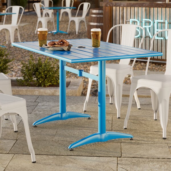 Lancaster Table & Seating 32" x 48" Blue Powder-Coated Aluminum Dining Height Outdoor Table with Umbrella Hole