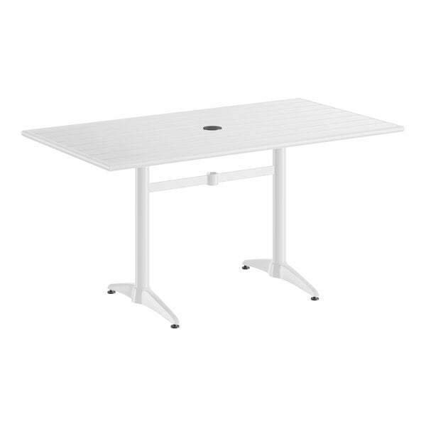 A rectangular white powder-coated aluminum outdoor dining table with an umbrella hole in the center.