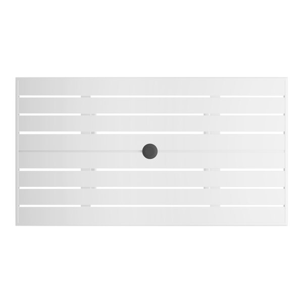 A rectangular white powder-coated aluminum outdoor dining table with slatted design and an umbrella hole in the center.