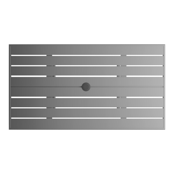 A rectangular gray powder-coated aluminum outdoor dining table with slatted design and an umbrella hole in the center.