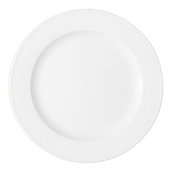 A plain, round, white plate with a wide rim viewed from above.