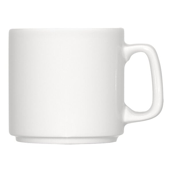 A plain, bright white porcelain mug with a handle, shown from the side.