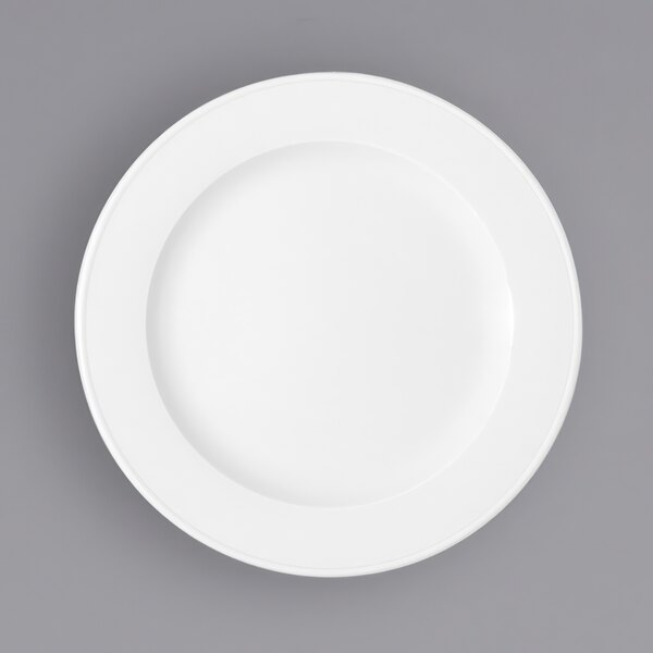 A Bauscher bright white porcelain plate with a wide rim.