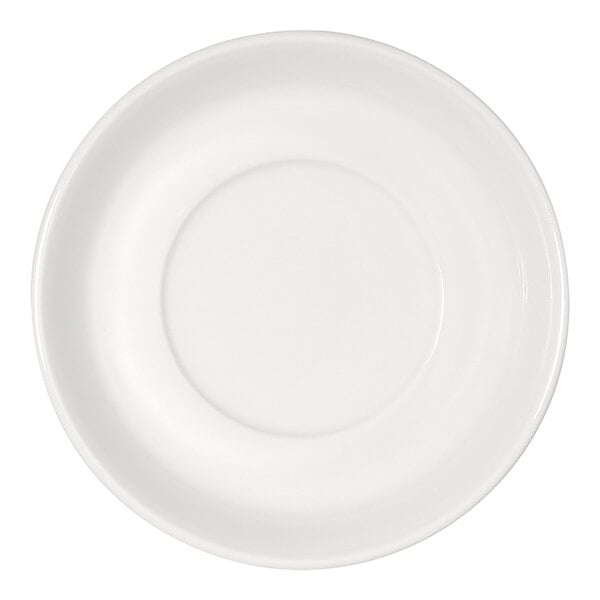 A plain, round, white saucer with a slightly raised center and smooth surface.
