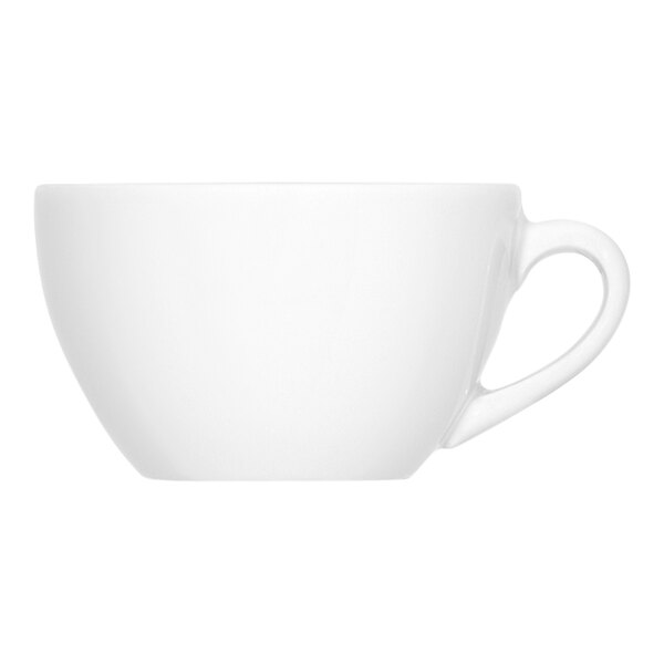 A plain white porcelain cup with a handle, shown from the side against a white background.