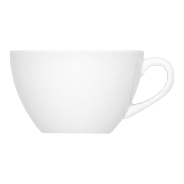 A plain white porcelain cup with a handle, shown from the side against a white background.