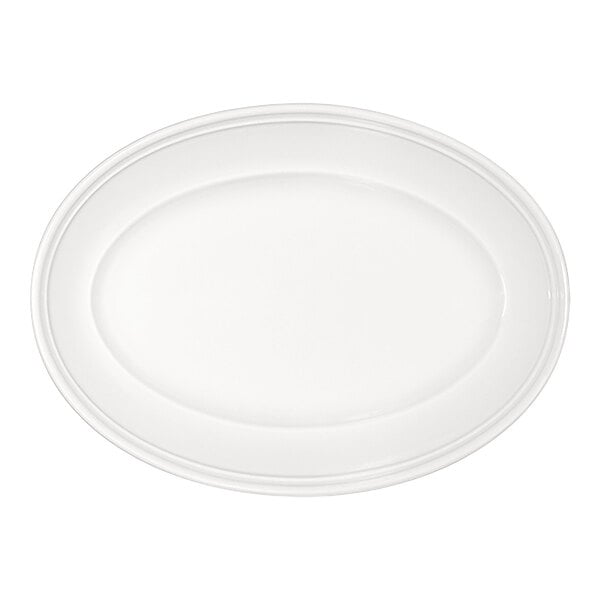 A plain, bright white oval platter with a wide rim.