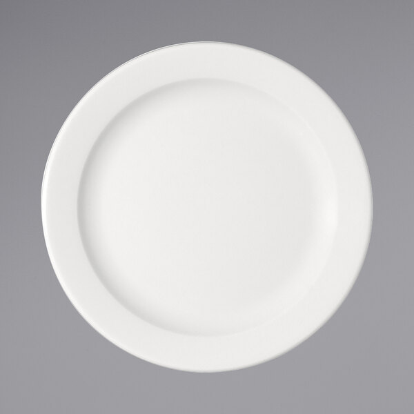 A Bauscher bright white porcelain plate with a white border.