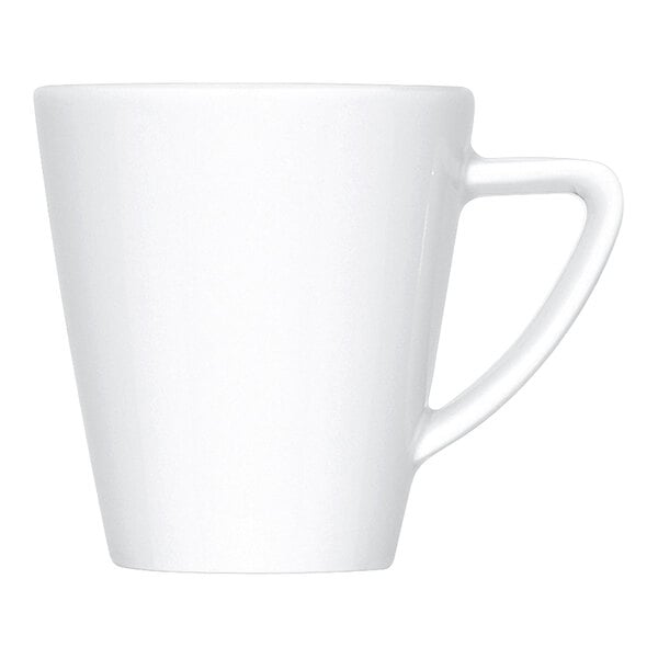 A plain white porcelain cup with a handle, photographed against a white background.
