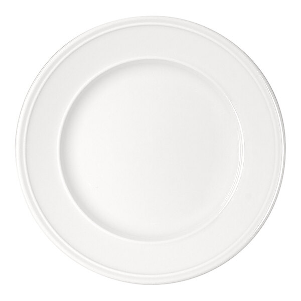 A plain, round, bright white plate with a wide rim and subtle raised detailing near the edge.