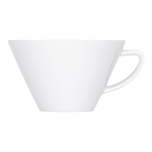 A plain, white porcelain cup with a handle, shown from the side against a white background.
