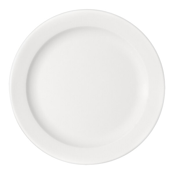 A plain, round, white plate with a slightly raised rim, viewed from above.