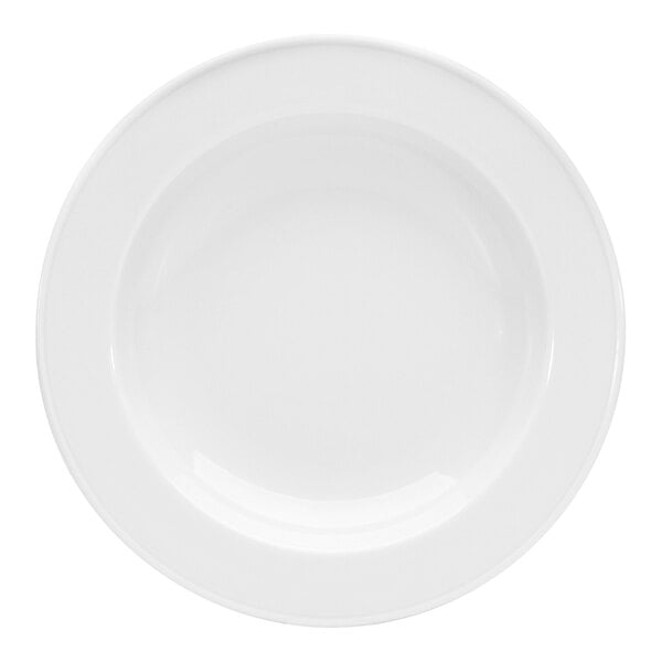 A round, bright white porcelain plate with a wide rim and a deep center, shown from a top-down view.