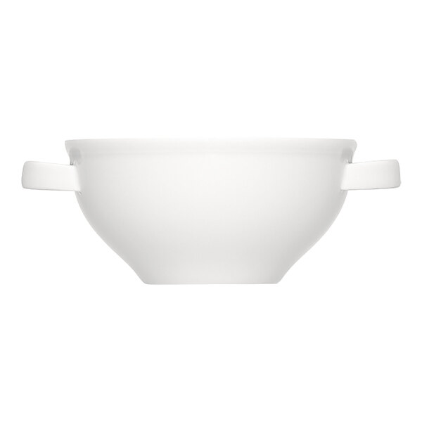 A white porcelain soup cup with two side handles, shown from the front.