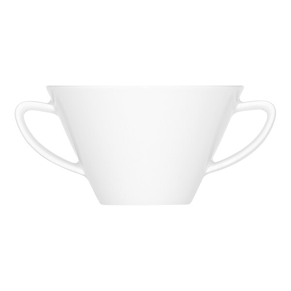 A white porcelain cup with two handles, viewed from the front against a plain background.