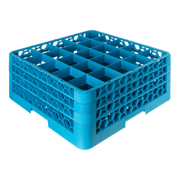 A blue plastic glass rack with 25 compartments and three extenders.