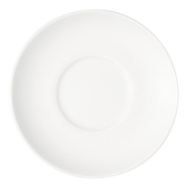 A plain, round, white saucer with a slightly raised center area.
