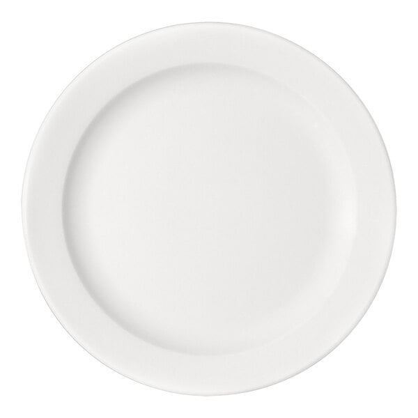 A plain, round, white plate with a slightly raised rim, viewed from above.