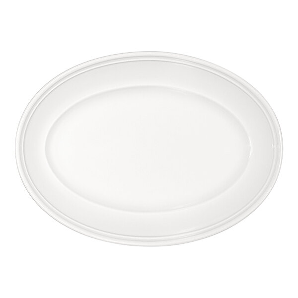 A plain, bright white oval platter with a wide rim and a smooth, glossy finish.