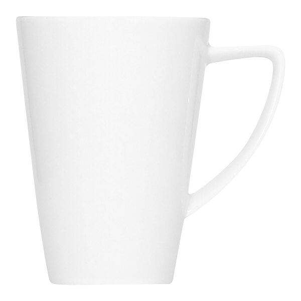 A plain, tall, white cup with a handle, shown against a white background.