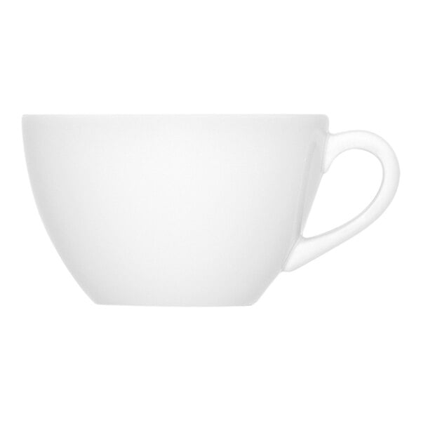 A plain white porcelain cup with a handle, shown from the side against a white background.