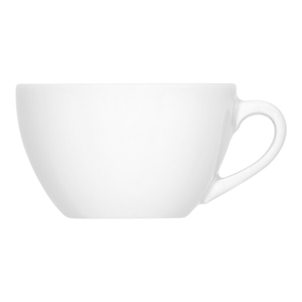 A plain white porcelain cup with a handle, shown from the side against a white background.