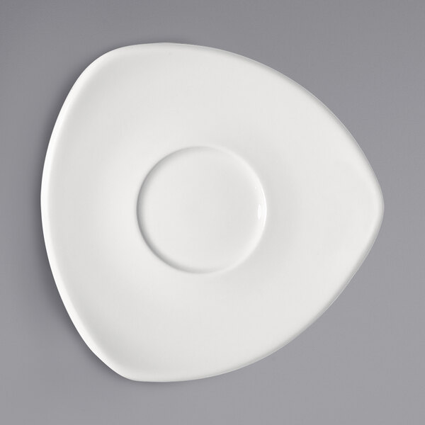 A Bauscher bright white triangular porcelain saucer with a circle in the middle.