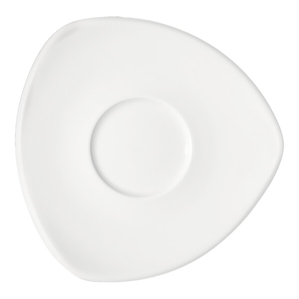A white, triangular saucer with a circular indentation in the center.