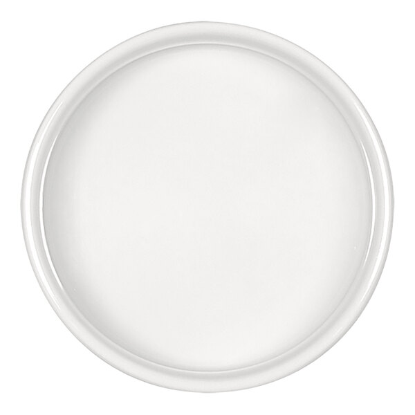 A round, plain white dish with a slightly raised rim, viewed from above.