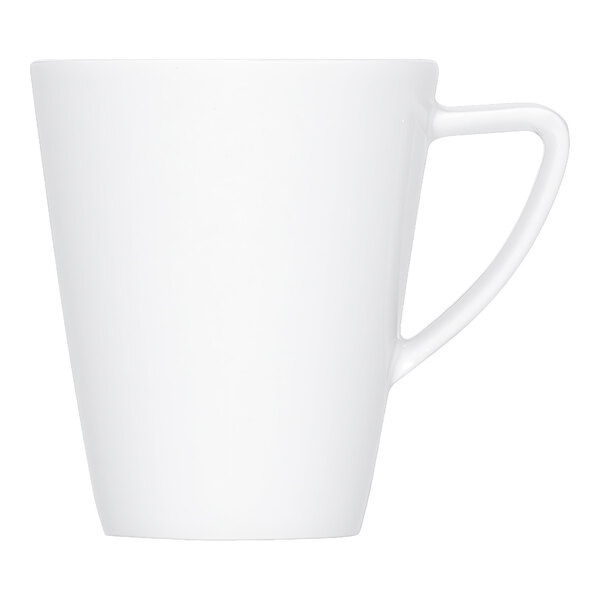 A plain, bright white porcelain cup with a handle, shown against a white background.