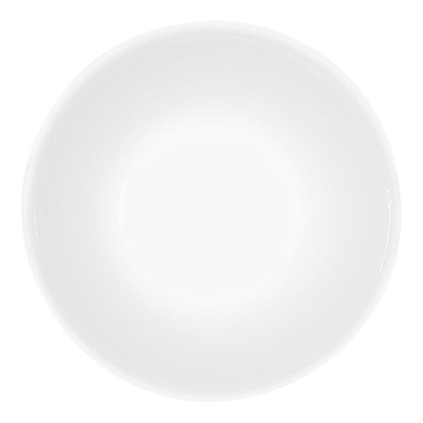A top-down view of a plain, round, white bowl.