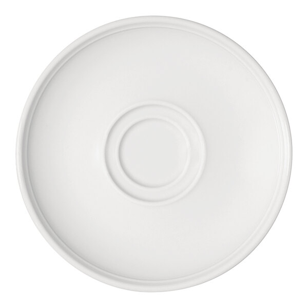 A round, bright white porcelain saucer with a raised circular center and a smooth, simple design.