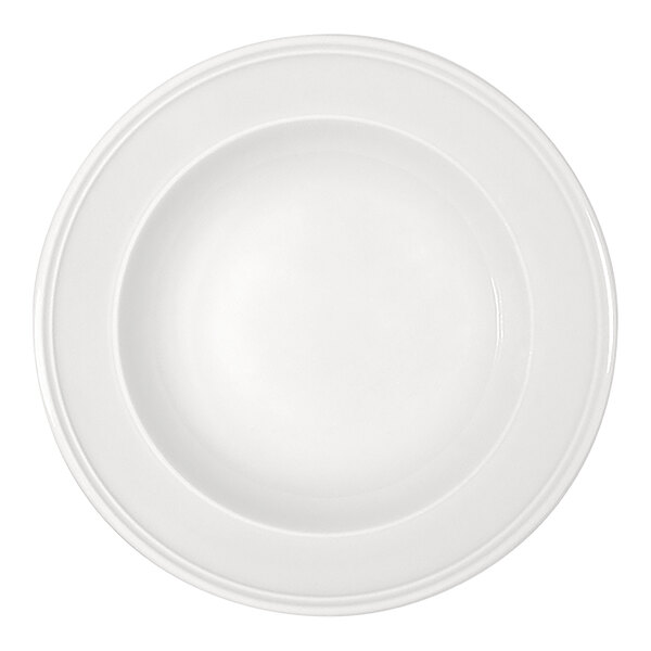 A round, bright white deep plate with a wide rim and a simple, smooth design.