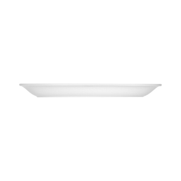A side view of a plain, white, oval-shaped platter with slightly raised edges.