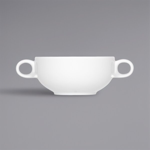 A bright white Bauscher porcelain soup bowl with two handles.