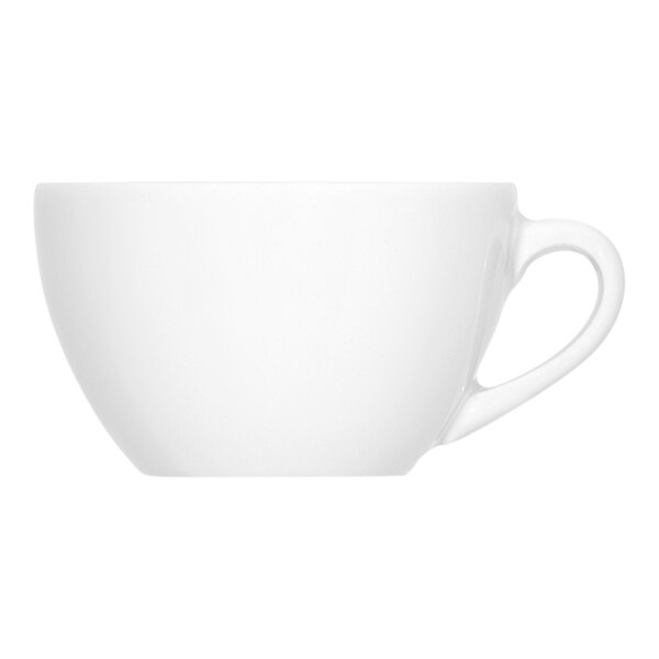 A plain white porcelain cup with a handle, shown from the side against a white background.