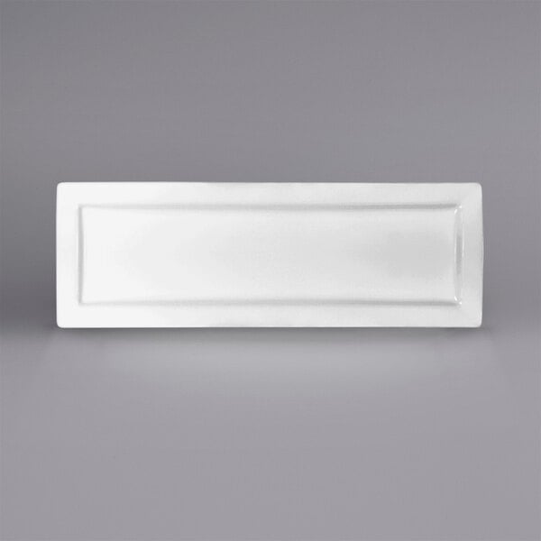 A white rectangular International Tableware porcelain platter.