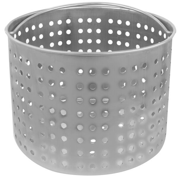 A silver metal basket with holes.