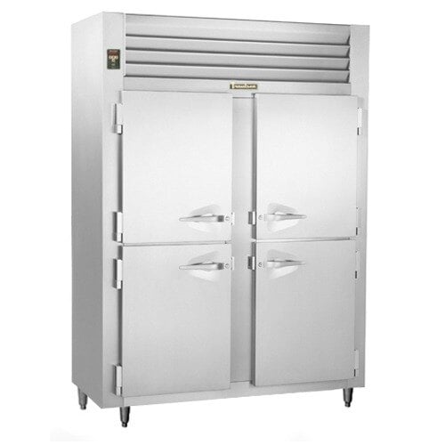 A white Traulsen reach-in freezer with two doors.