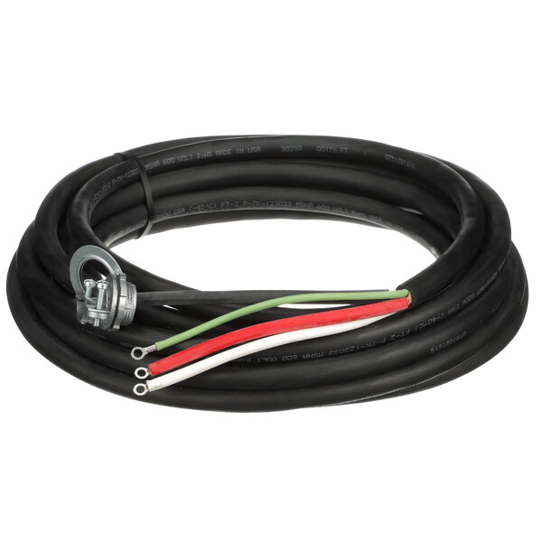 A close-up of a black TPI power cord with red and white wires.