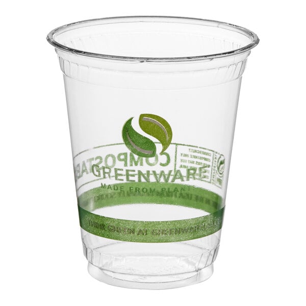 A clear 7 oz. compostable plastic cold cup with green printed labeling.