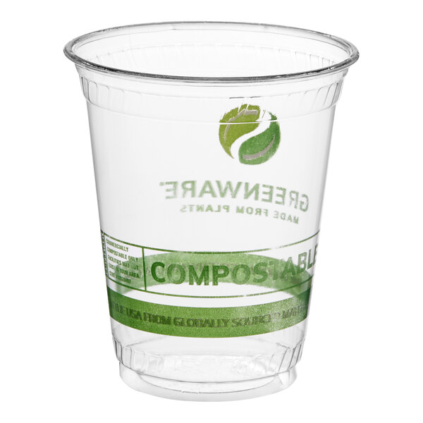 A clear 7 oz. compostable plastic cold cup with green printed labeling.