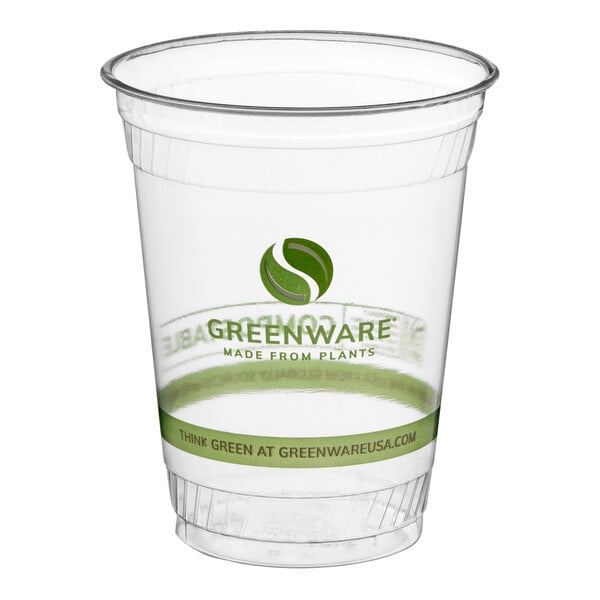 A clear compostable plastic cold cup with green printing and a Greenware logo.