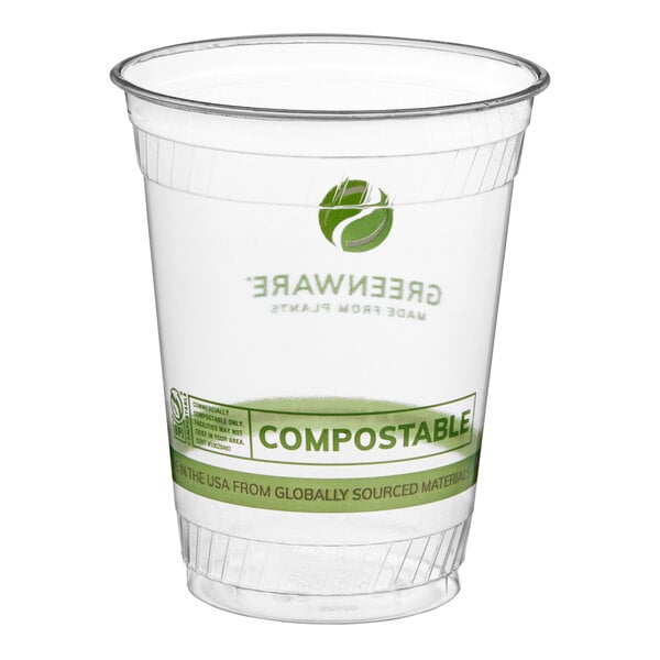 A clear compostable plastic cold cup with green labeling, designed for 16 to 18 ounces.