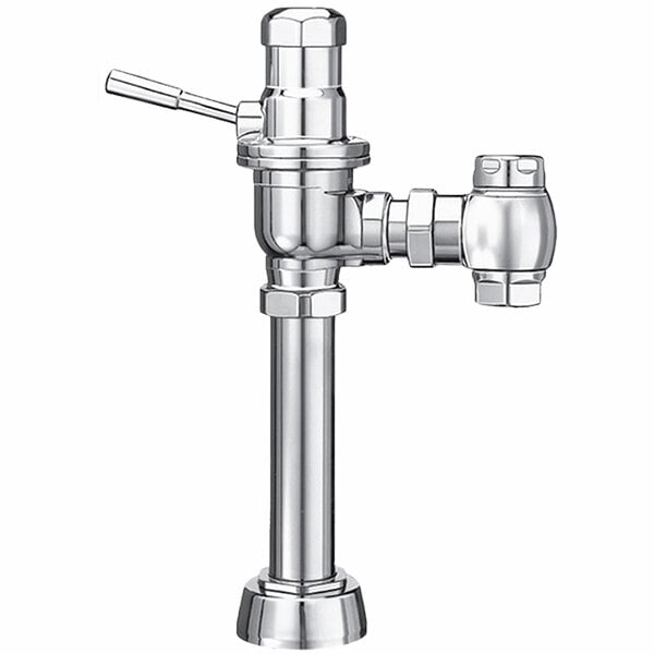 A chrome Sloan Dolphin water closet flushometer with a lever.