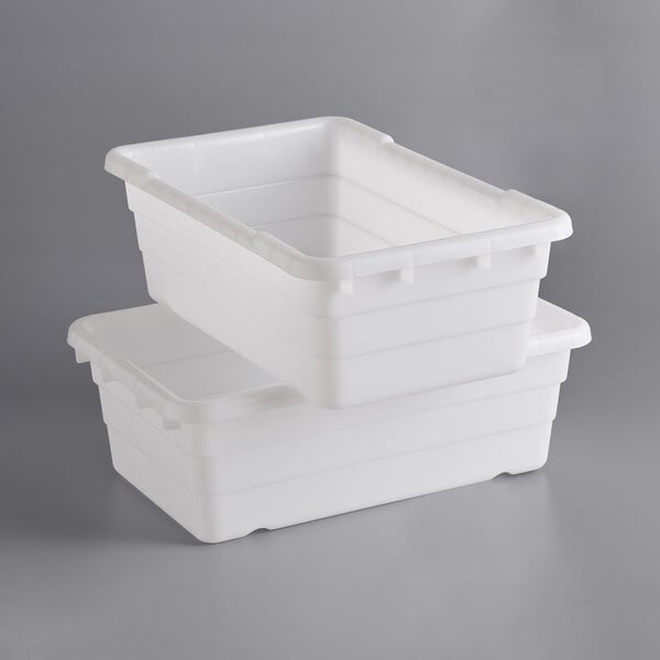 A stack of white Choice meat lug tote boxes.